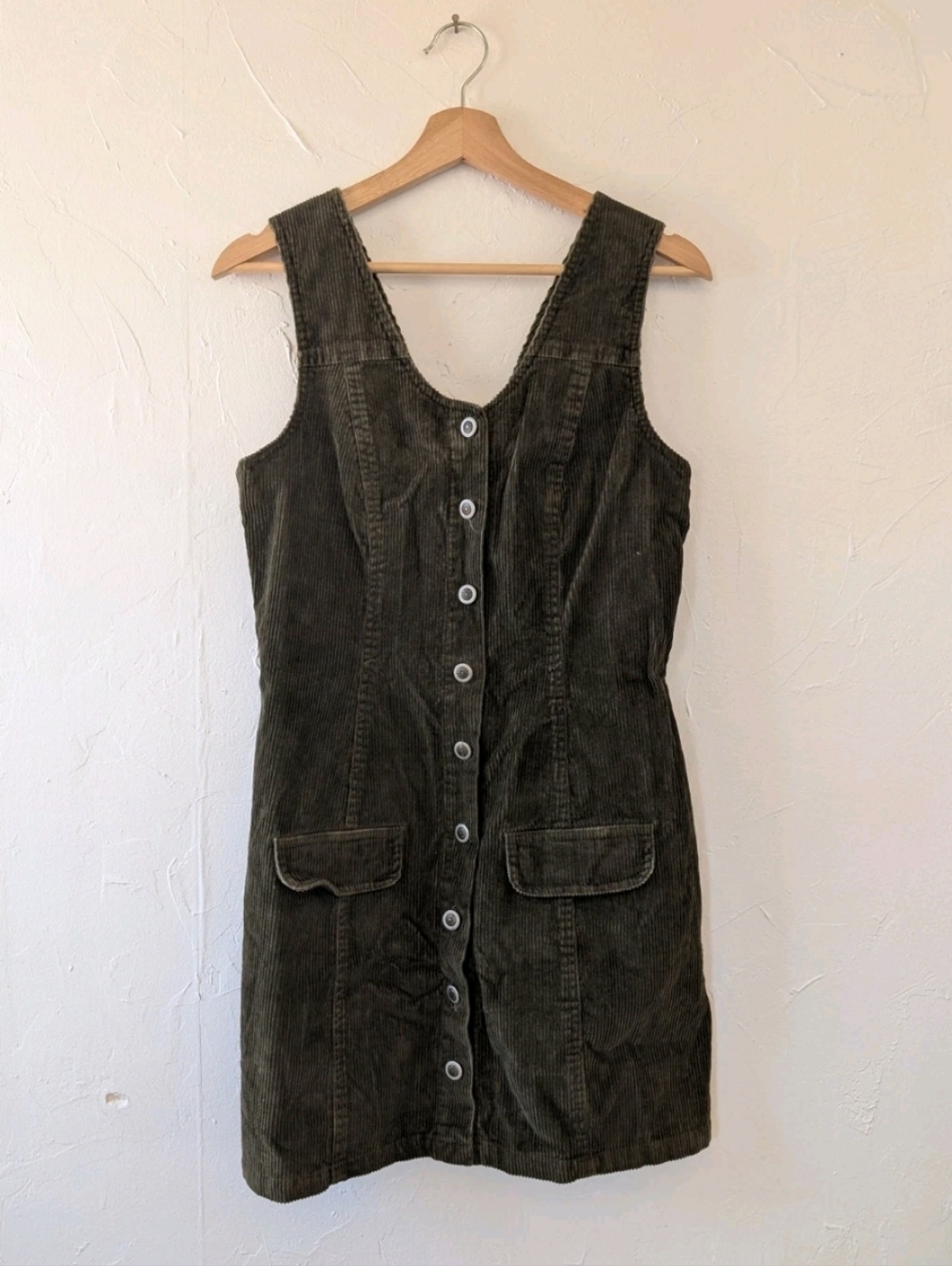 Byer Too Olive Green Corduroy Button Front Sz. 7 Jumper Dress VTG